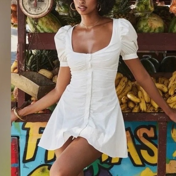 House of CB Hameda White Puff Sleeve Mini Dress S Stretch Cotton Ruched Front - Picture 1 of 9